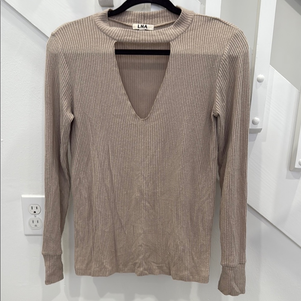 LNA Revolve Bardot Long Sleeve Tee with Keyhole Choker Neck in Oat - Picture 3 of 8